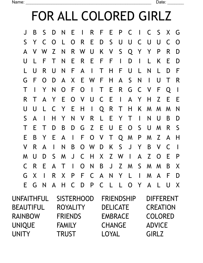 FOR ALL COLORED GIRLZ Word Search