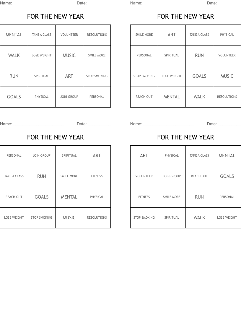 FOR THE NEW YEAR Bingo Cards