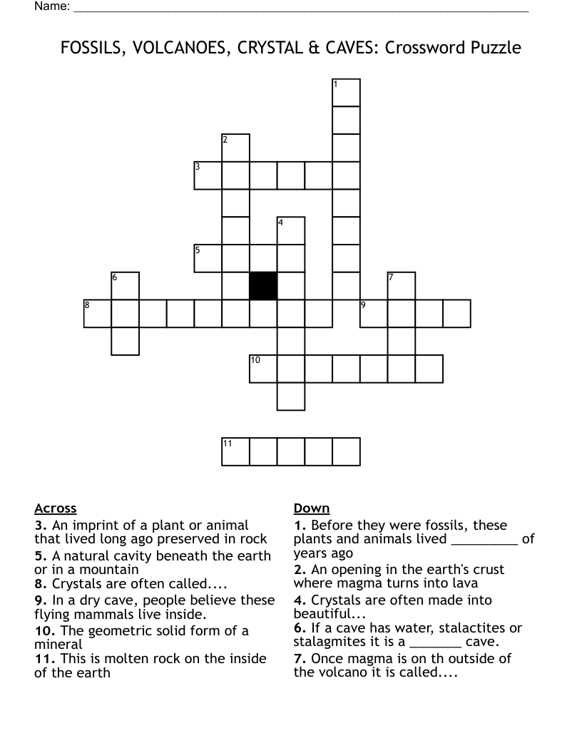 FOSSILS, VOLCANOES, CRYSTAL & CAVES: Crossword Puzzle