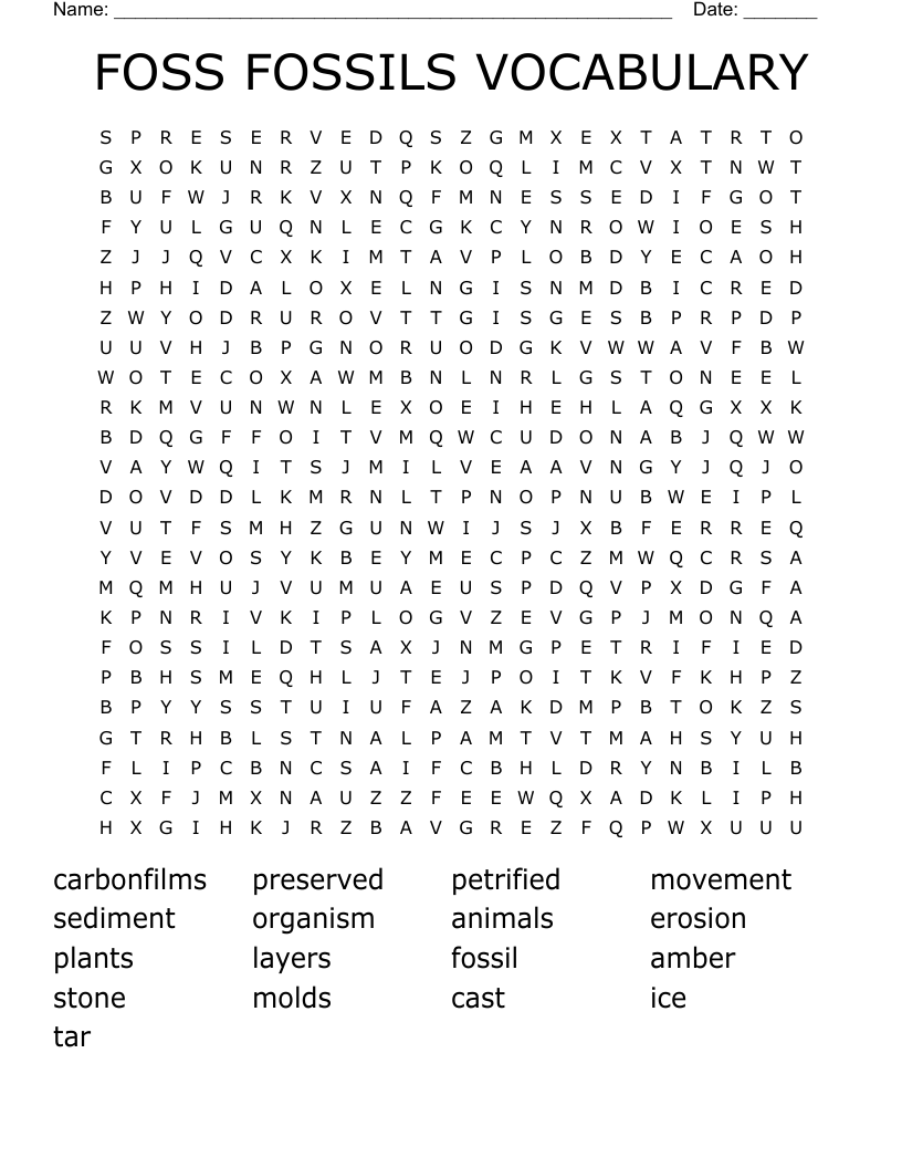 FOSS FOSSILS VOCABULARY Word Search