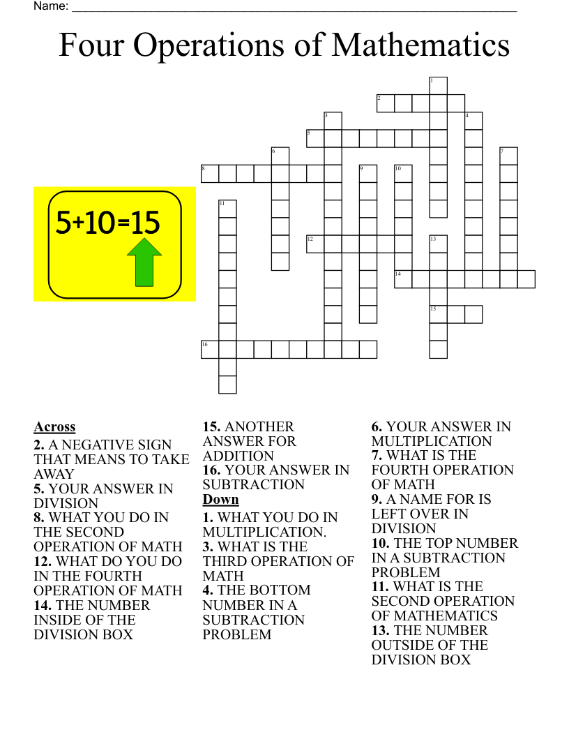 Four Operations of Mathematics Crossword