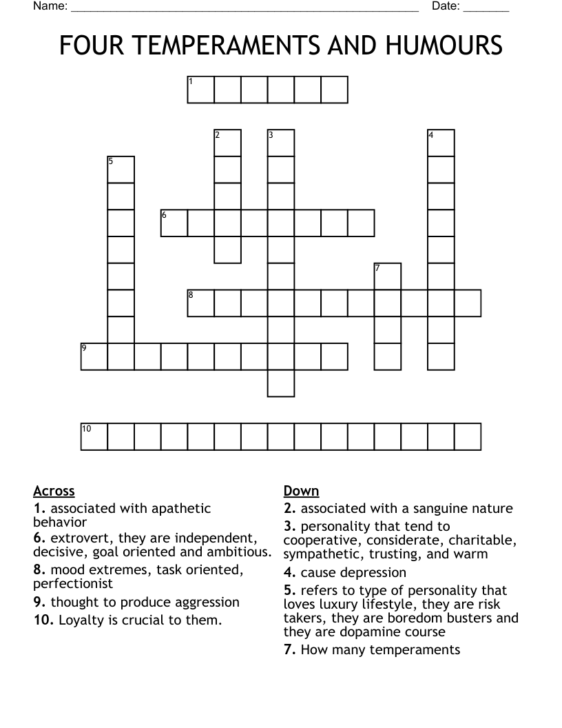FOUR TEMPERAMENTS AND HUMOURS Crossword