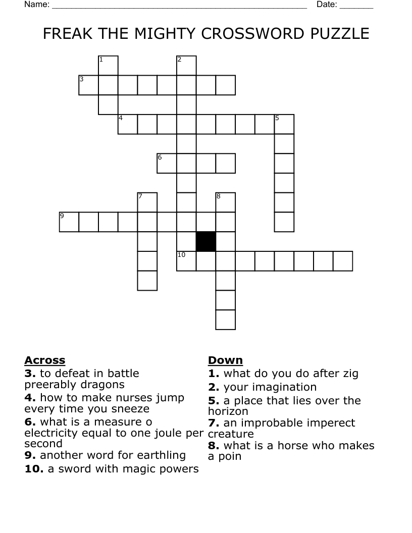 FREAK THE MIGHTY CROSSWORD PUZZLE