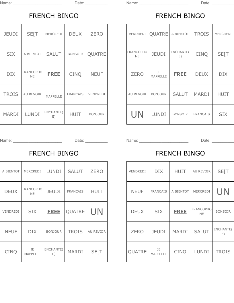 FRENCH BINGO