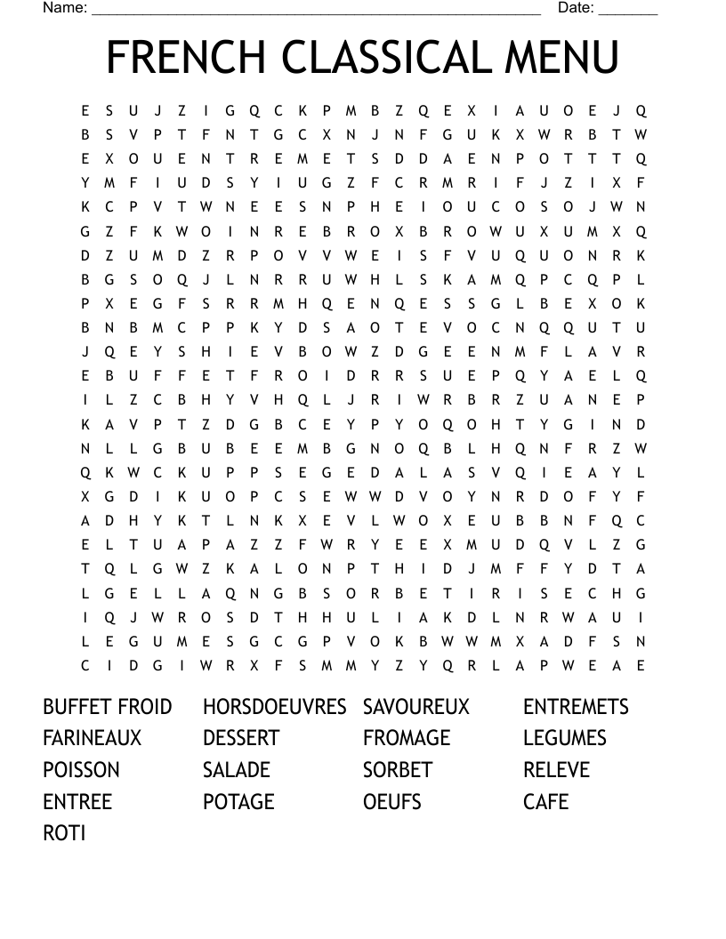 FRENCH CLASSICAL MENU Word Search