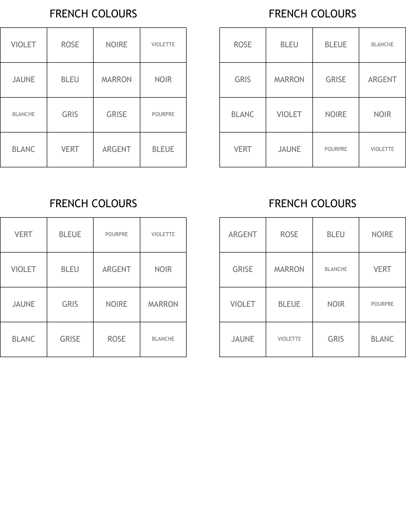 FRENCH COLOURS Bingo Cards