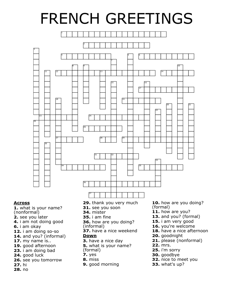 FRENCH GREETINGS Crossword