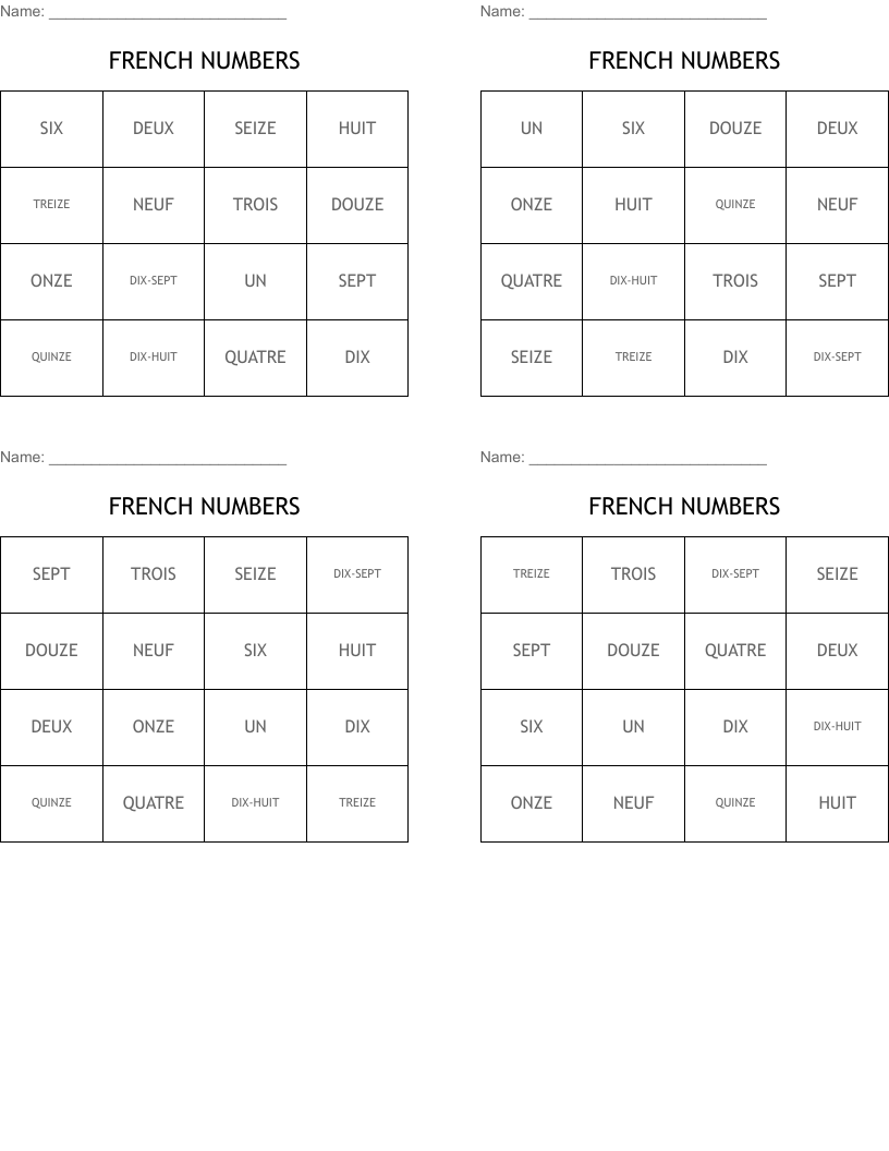 FRENCH NUMBERS Bingo Cards