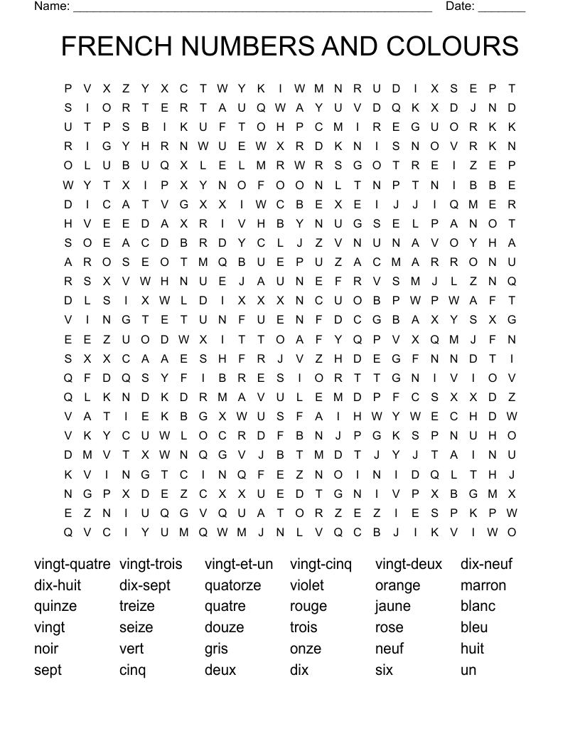 FRENCH NUMBERS AND COLOURS Word Search