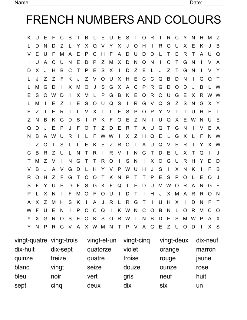 FRENCH NUMBERS AND COLOURS Word Search