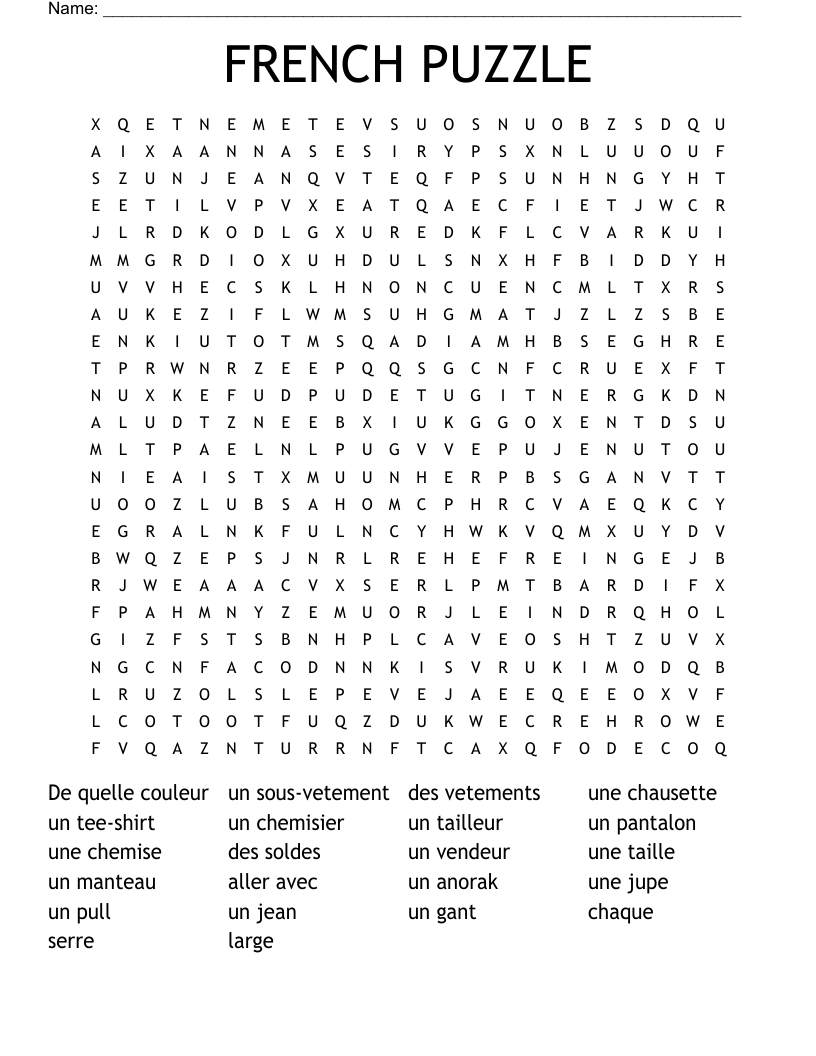 FRENCH PUZZLE Word Search