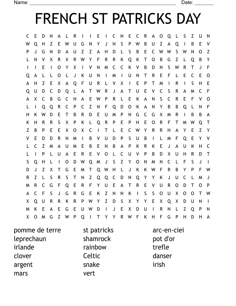 FRENCH ST PATRICKS DAY Word Search