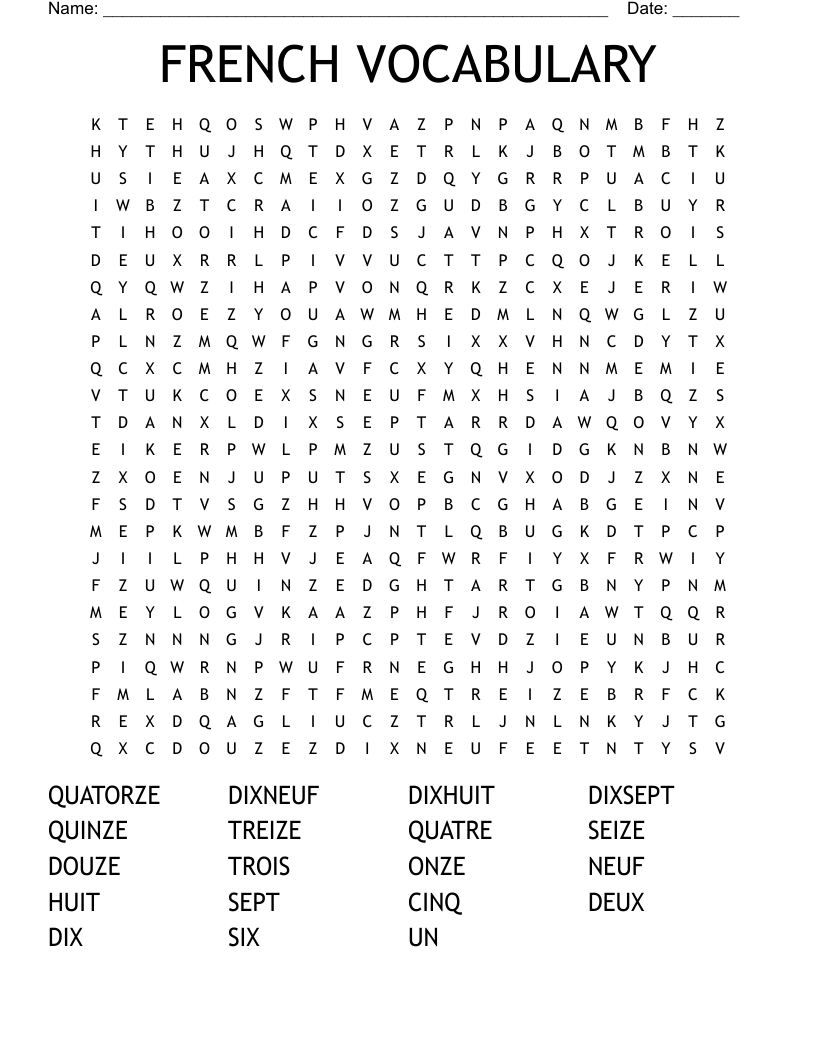 FRENCH VOCABULARY Word Search