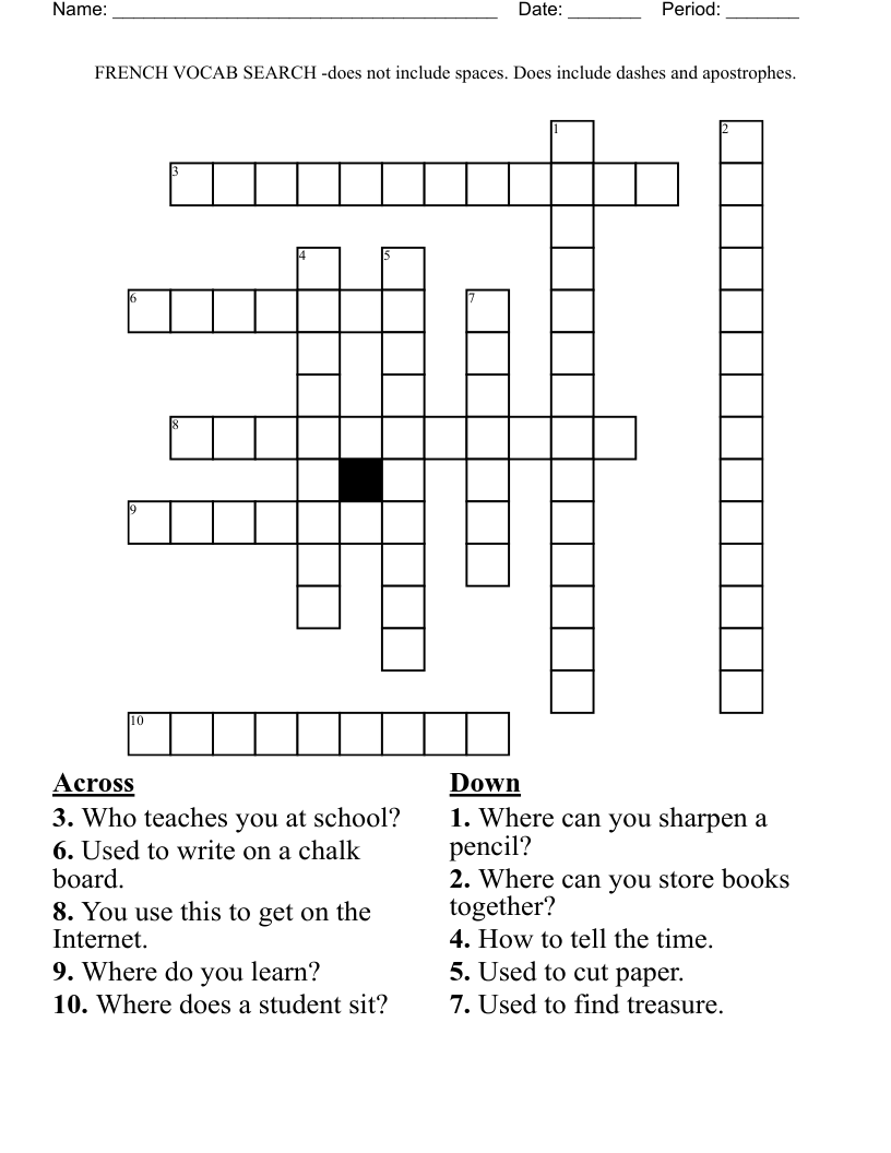 FRENCH VOCAB SEARCH -does not include spaces. Does include dashes and apostrophes.  Crossword