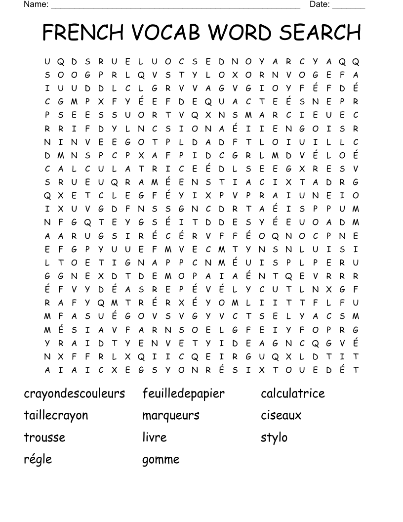 FRENCH VOCAB WORD SEARCH