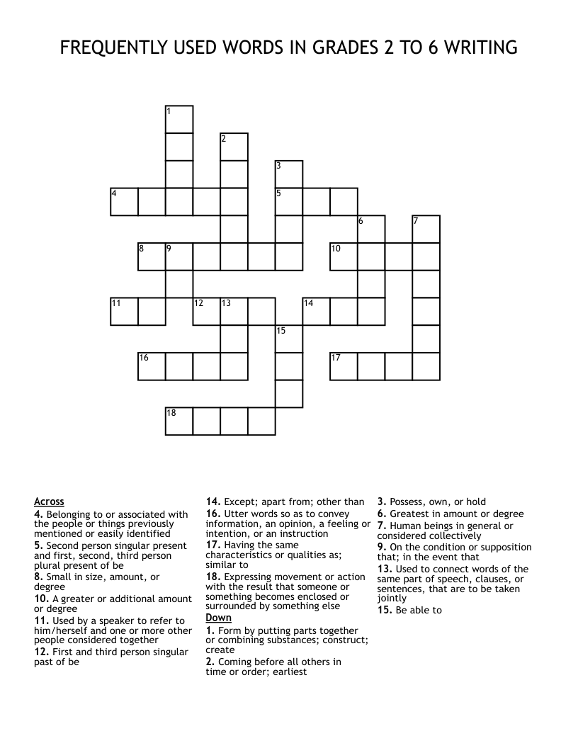 FREQUENTLY USED WORDS IN GRADES 2 TO 6 WRITING Crossword