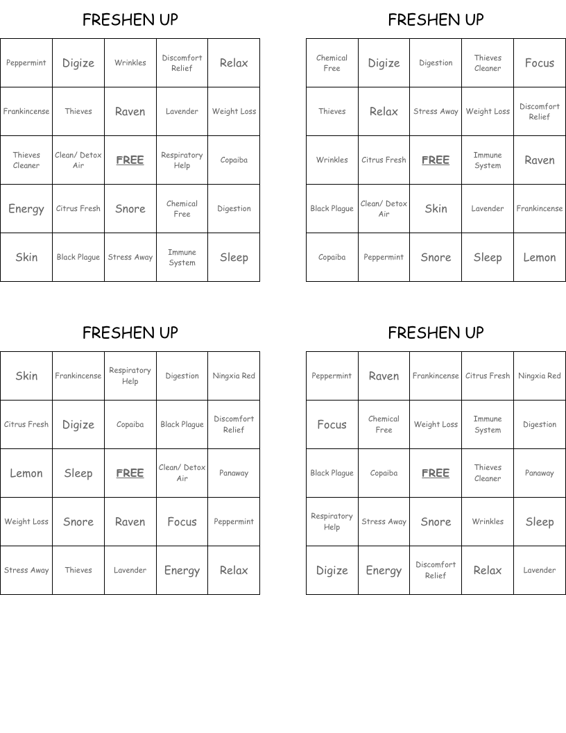 FRESHEN UP Bingo Cards