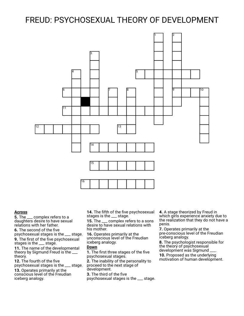 FREUD: PSYCHOSEXUAL THEORY OF DEVELOPMENT Crossword