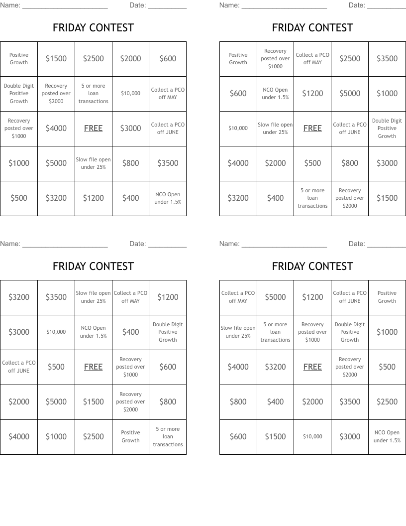 FRIDAY CONTEST Bingo Cards