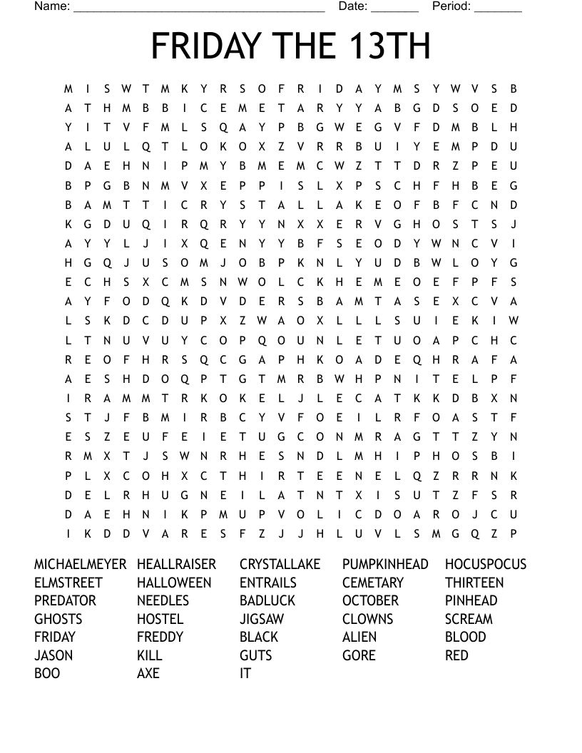 FRIDAY THE 13TH Word Search