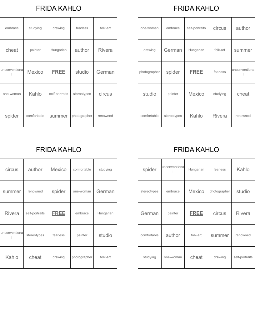 FRIDA KAHLO Bingo Cards