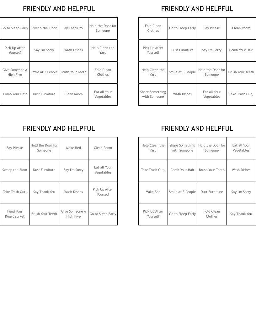 FRIENDLY AND HELPFUL Bingo Cards