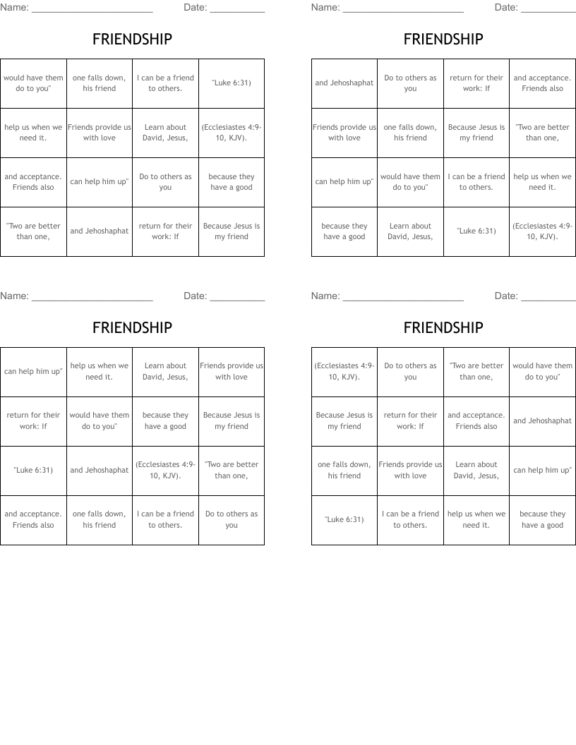 FRIENDSHIP Bingo Cards