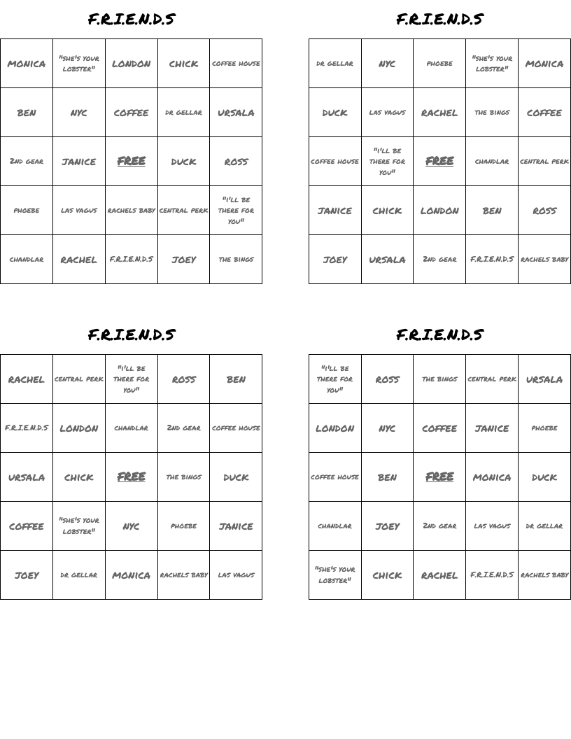F.R.I.E.N.D.S Bingo Cards