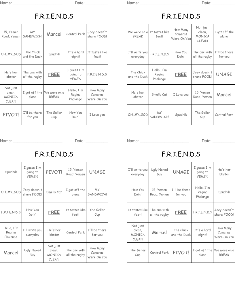 F.R.I.E.N.D.S  Bingo Cards