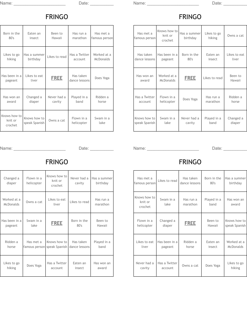 FRINGO Bingo Cards