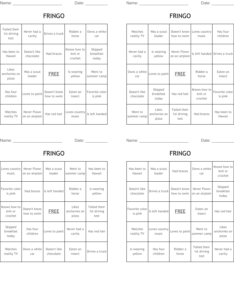 FRINGO Bingo Cards