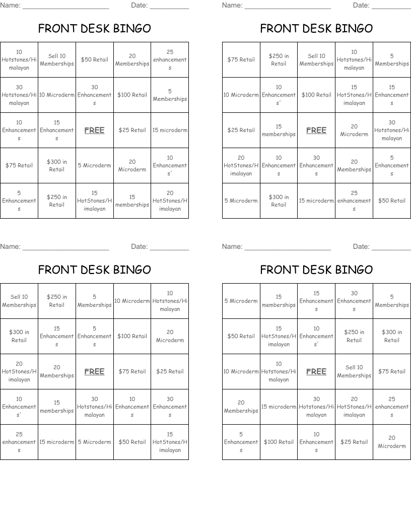 FRONT DESK BINGO