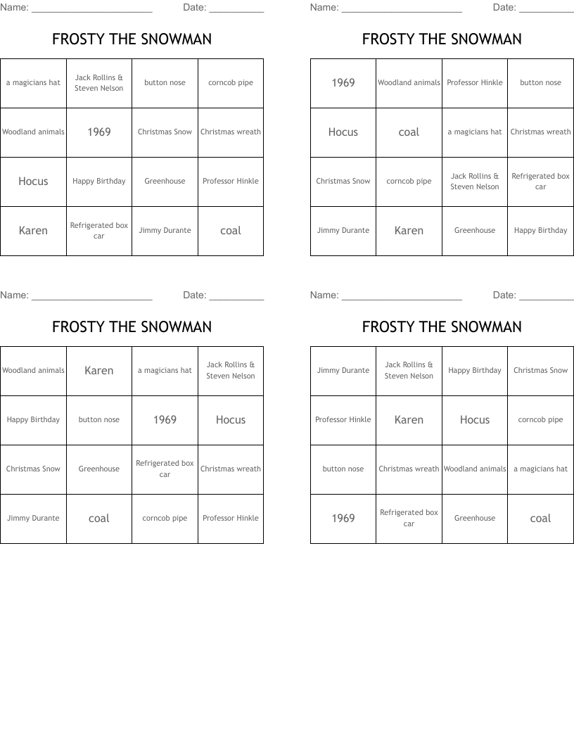 FROSTY THE SNOWMAN Bingo Cards
