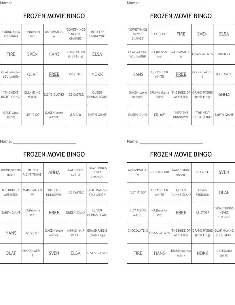 FROZEN MOVIE BINGO