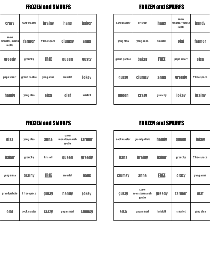 FROZEN and SMURFS Bingo Cards