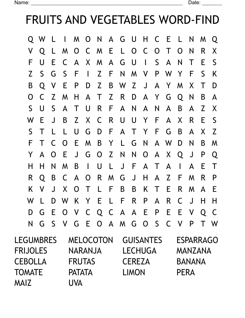 FRUITS AND VEGETABLES WORD-FIND Word Search