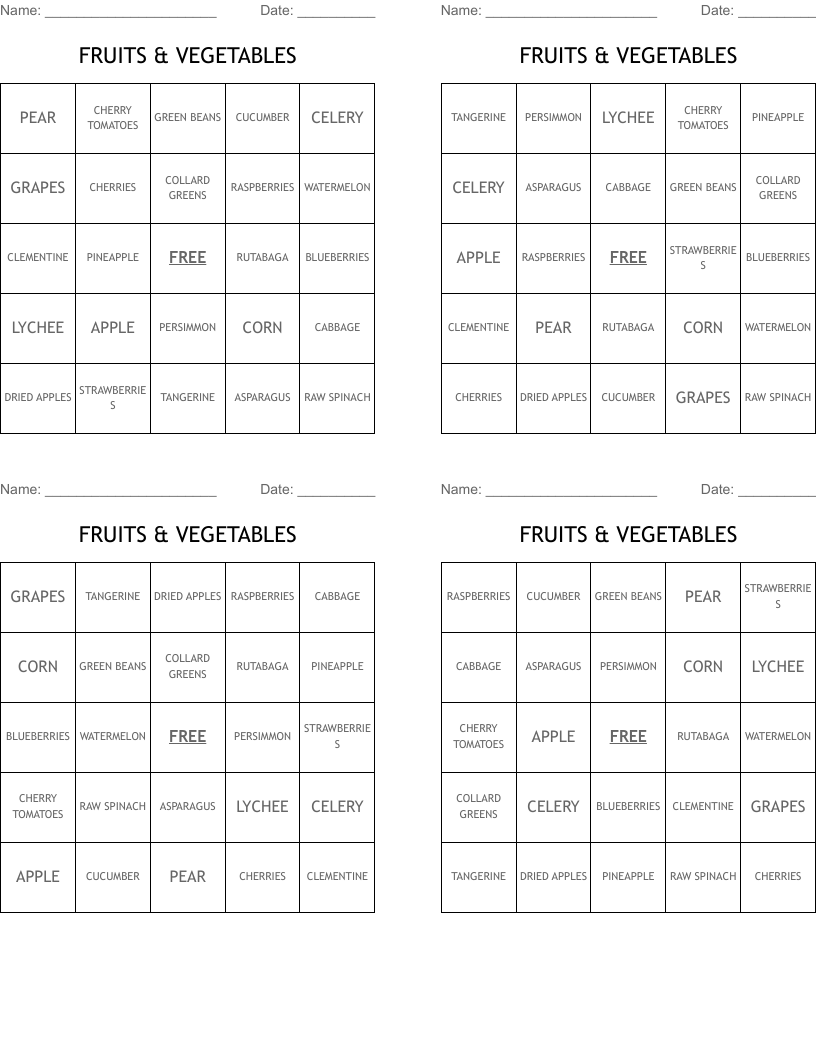 FRUITS & VEGETABLES Bingo Cards
