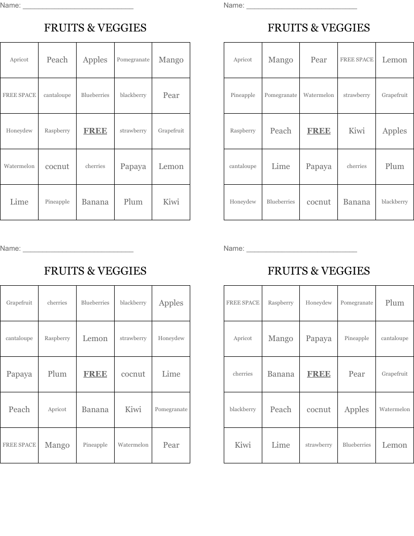 FRUITS & VEGGIES Bingo Cards