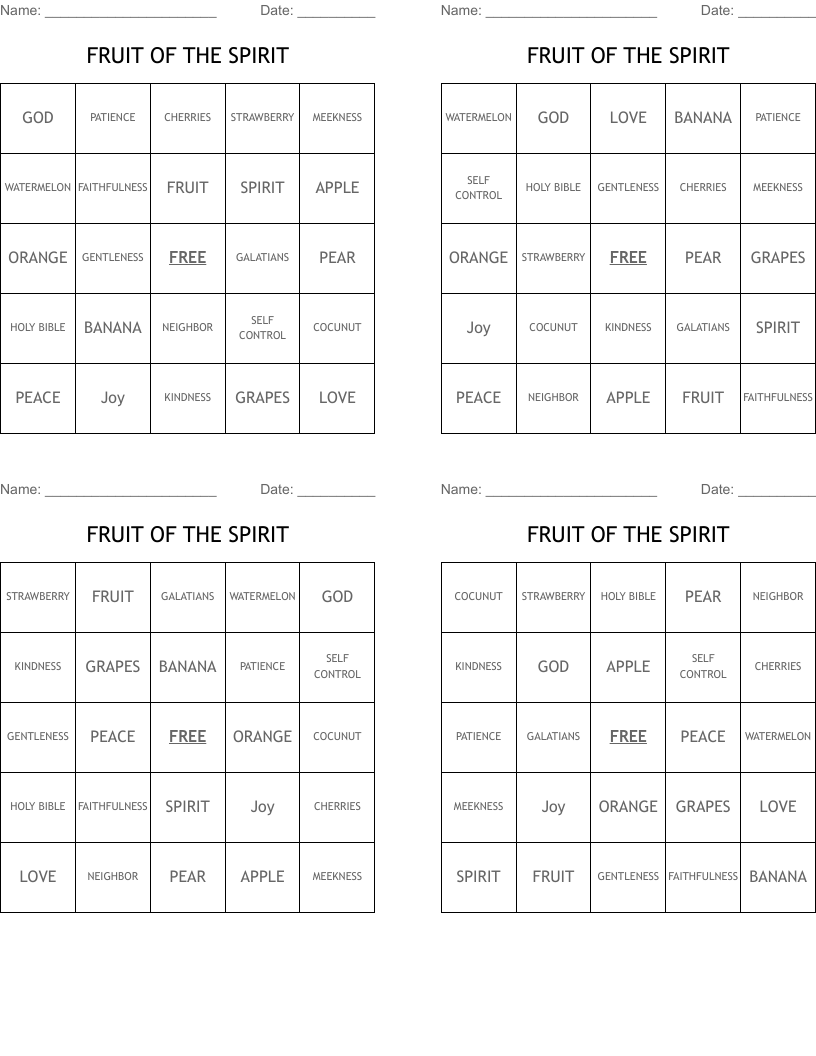 FRUIT OF THE SPIRIT Bingo Cards