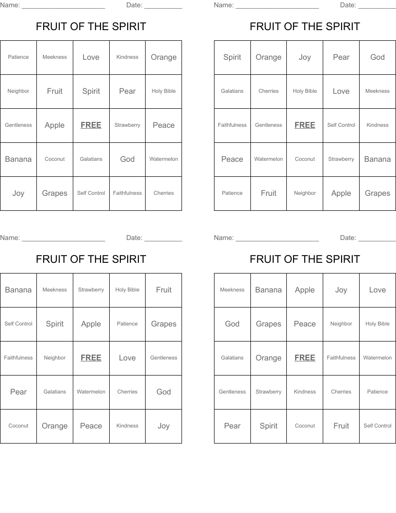 FRUIT OF THE SPIRIT Bingo Cards