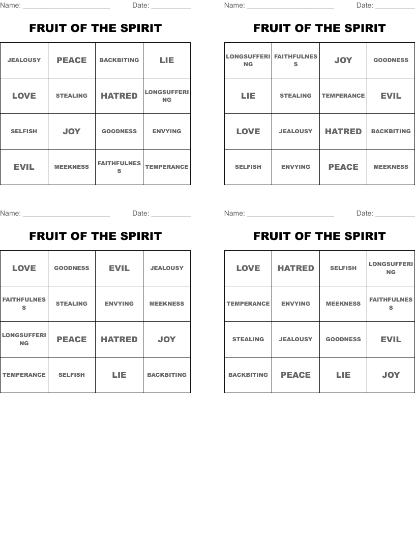 FRUIT OF THE SPIRIT Bingo Cards
