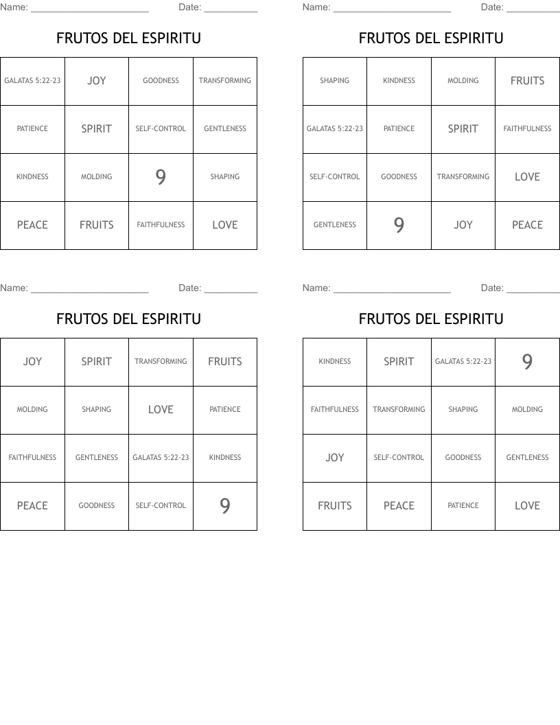 FRUTOS DEL ESPIRITU Bingo Cards