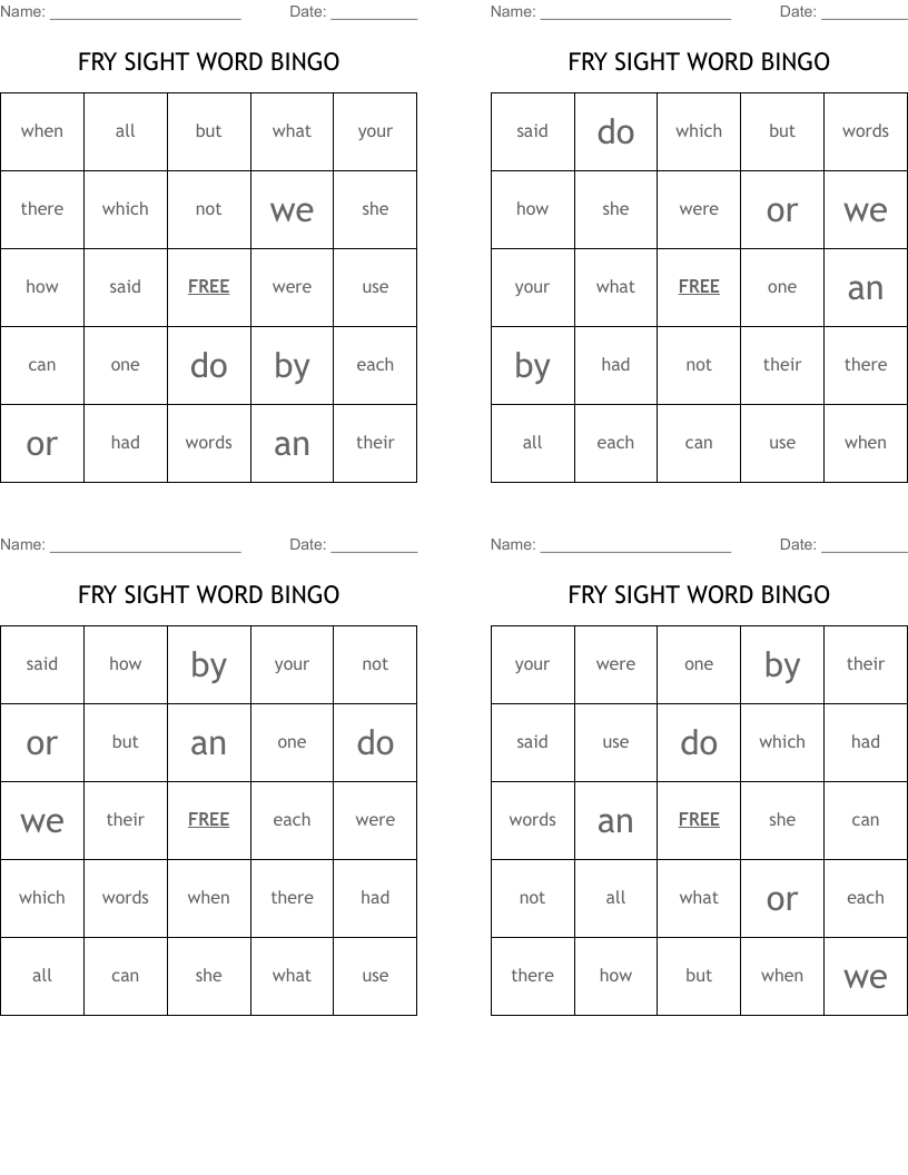 FRY SIGHT WORD BINGO