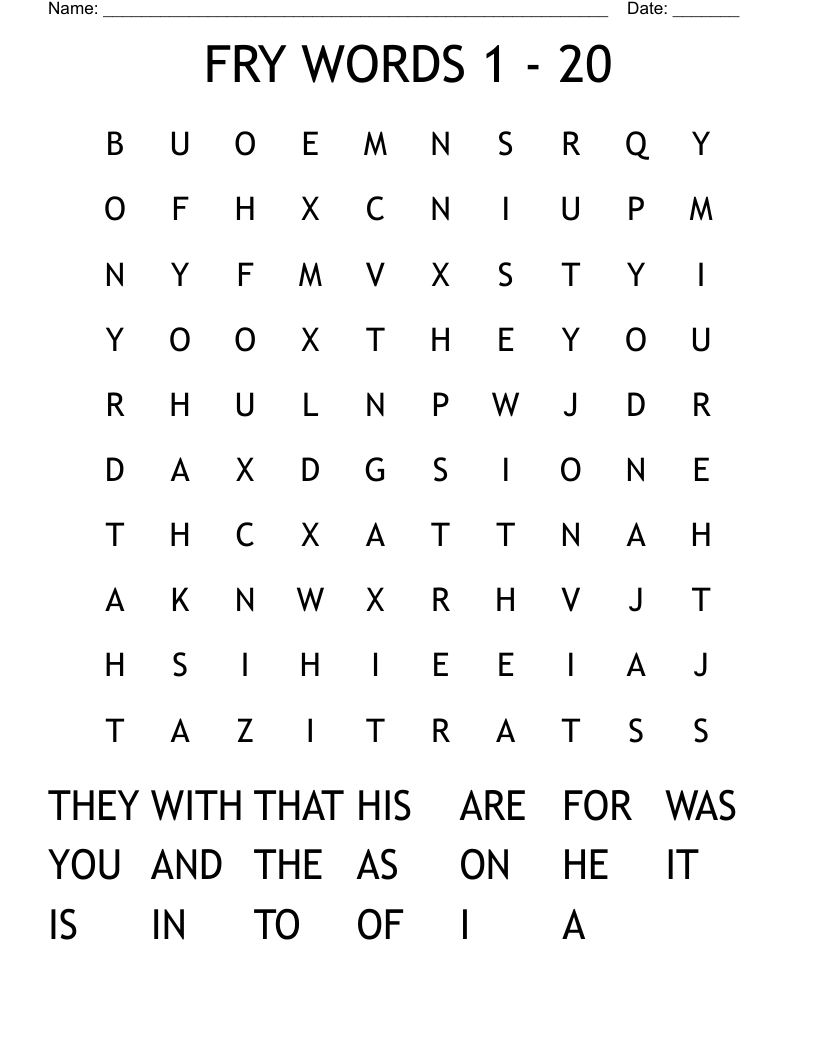 FRY WORDS 1 - 20 Word Search