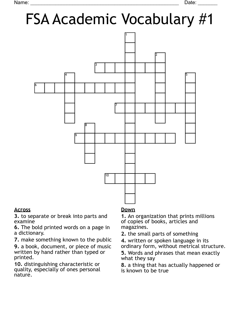 FSA Academic Vocabulary #1 Crossword
