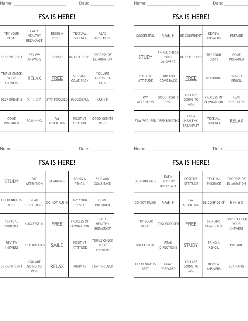 FSA IS HERE! Bingo Cards