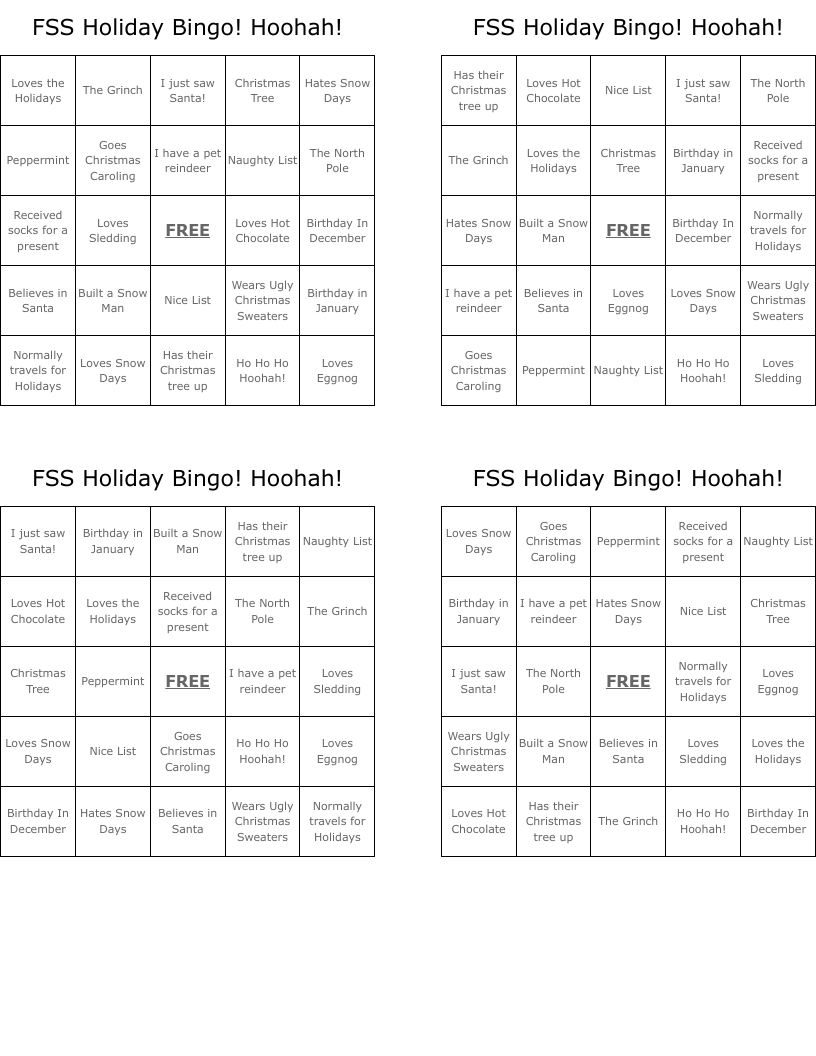 FSS Holiday Bingo!   Hoohah!