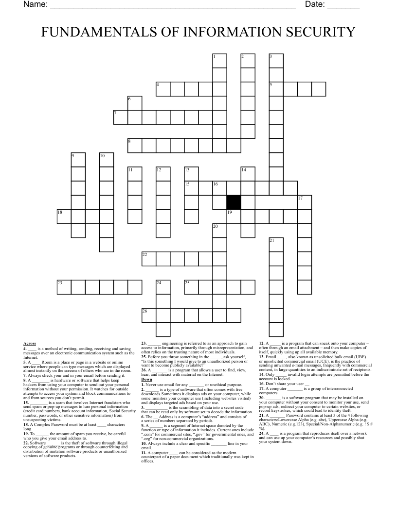 FUNDAMENTALS OF INFORMATION SECURITY Crossword