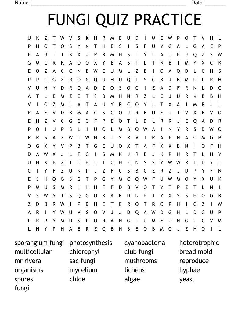 FUNGI QUIZ PRACTICE Word Search