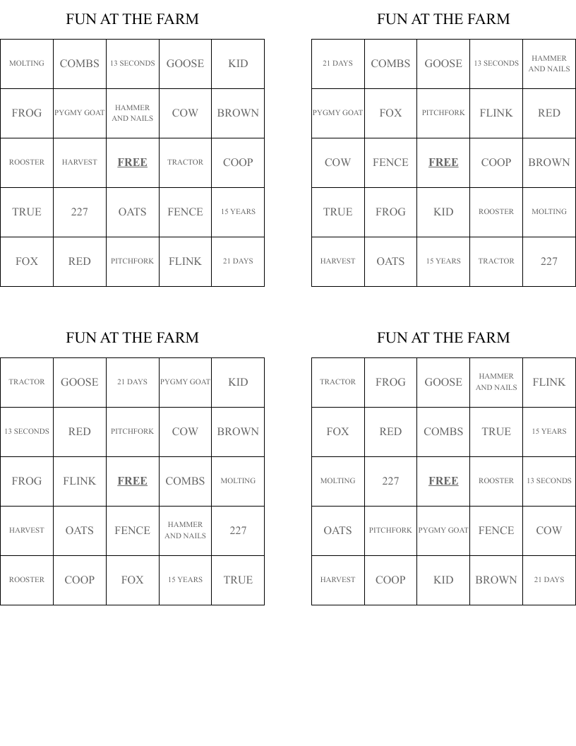 FUN AT THE FARM Bingo Cards